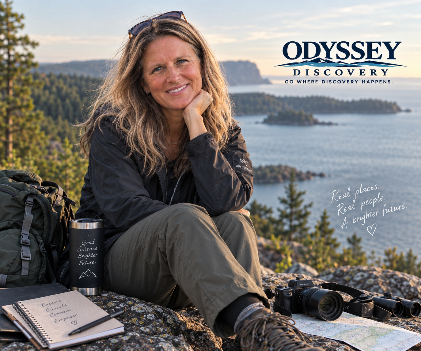 Kirsten Alburg on a coastal overlook with field gear, alongside the Odyssey Discovery mark