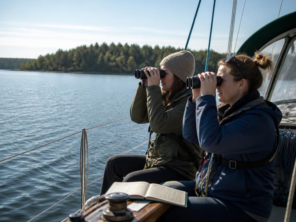 Wildlife observers scanning the Great Lakes from a sailing vessel