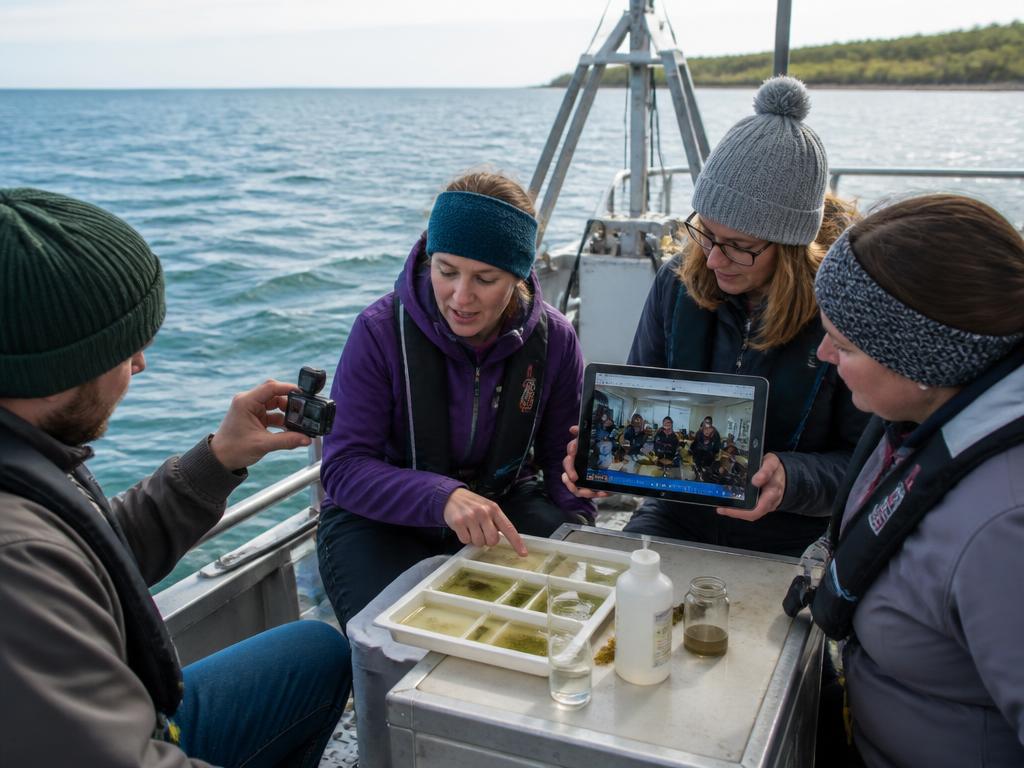 Educators filming a live connection and sharing discoveries from the water back to classrooms