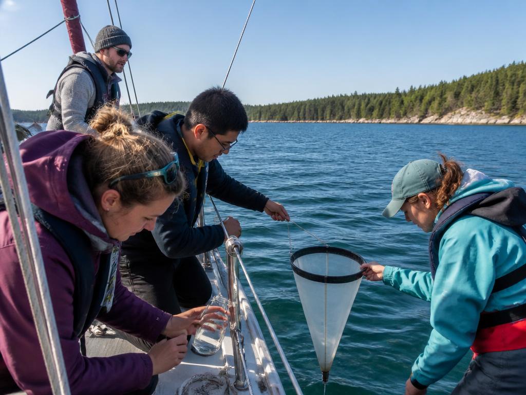 Scientists collecting water samples and plankton aboard a Great Lakes field vessel