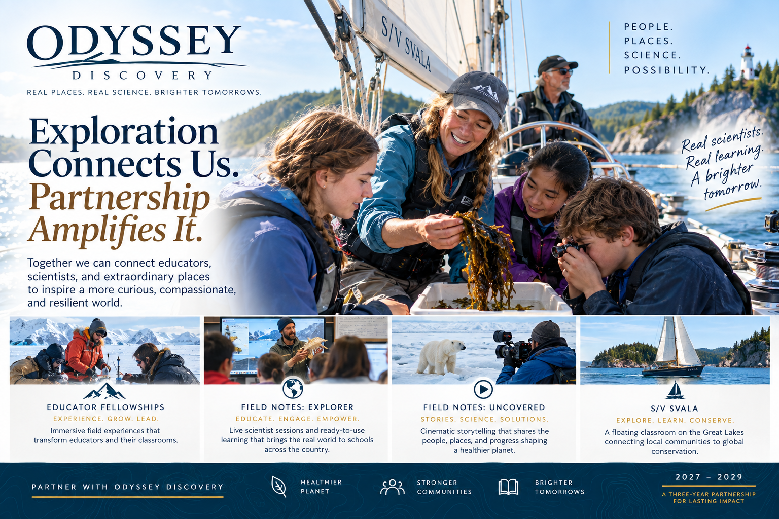 Odyssey Discovery partnership — Exploration connects us. Partnership amplifies it. Educator Fellowships, Field Notes: Explorer, Field Notes: Uncovered, and S/V Svala, 2027–2029.
