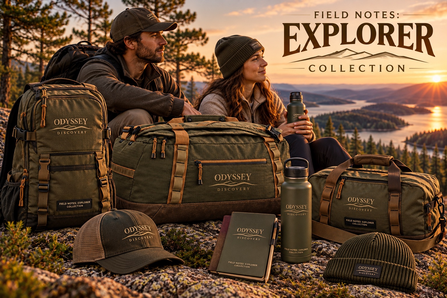Field Notes: Explorer Collection gear on a rocky overlook at sunset