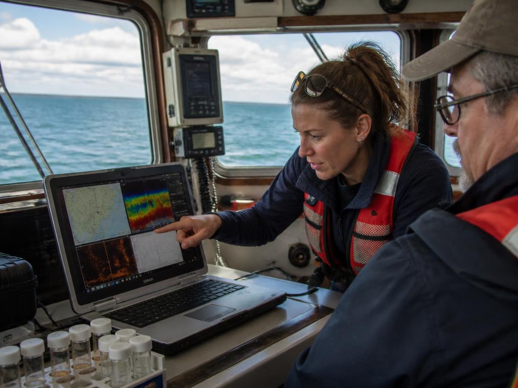 Researchers reviewing instrument data and sonar displays during a Great Lakes survey