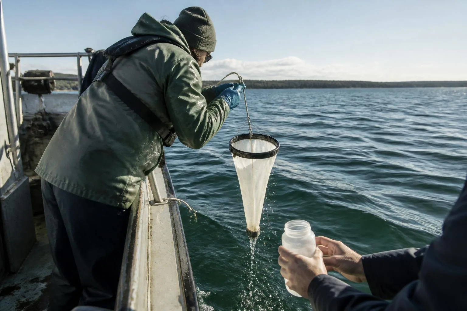 Students collecting water samples along a Great Lakes shoreline with a teacher