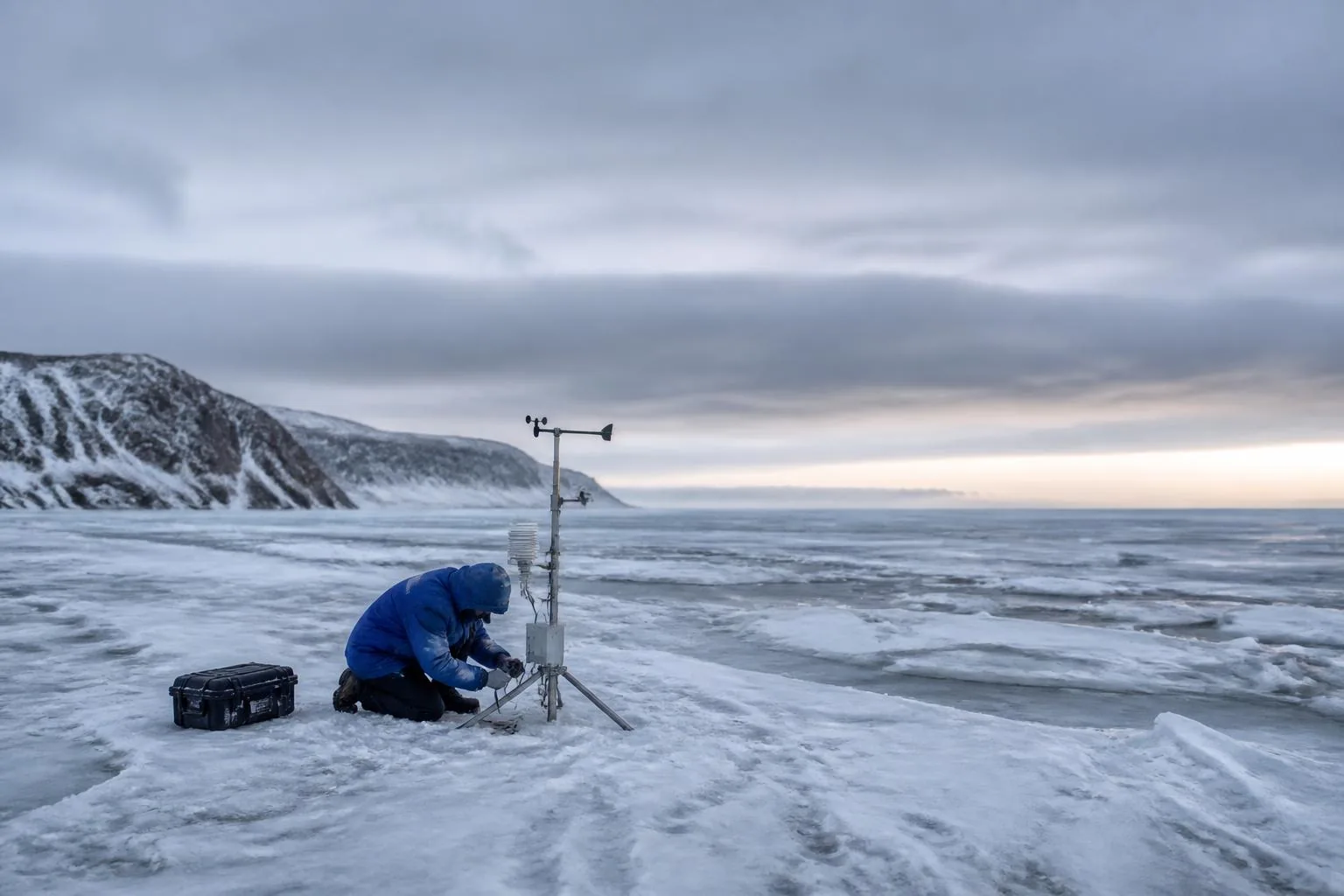 A polar researcher checks a weather instrument within a vast Arctic coastal landscape