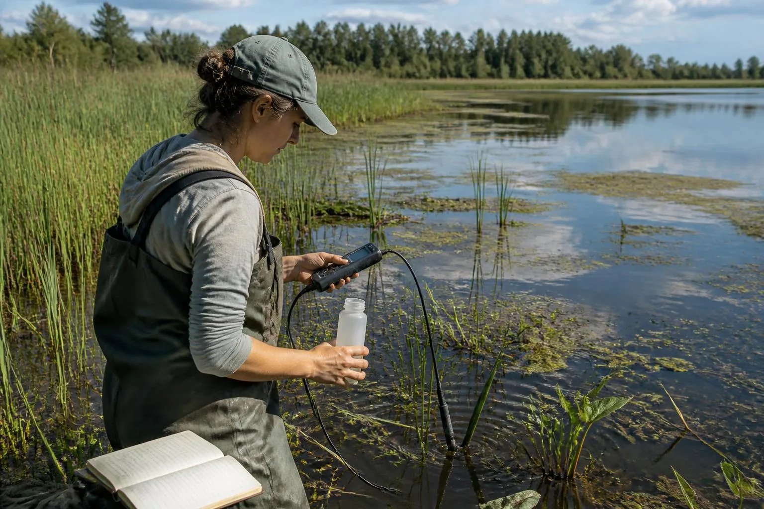 Students and an educator collecting water samples together in a wetland