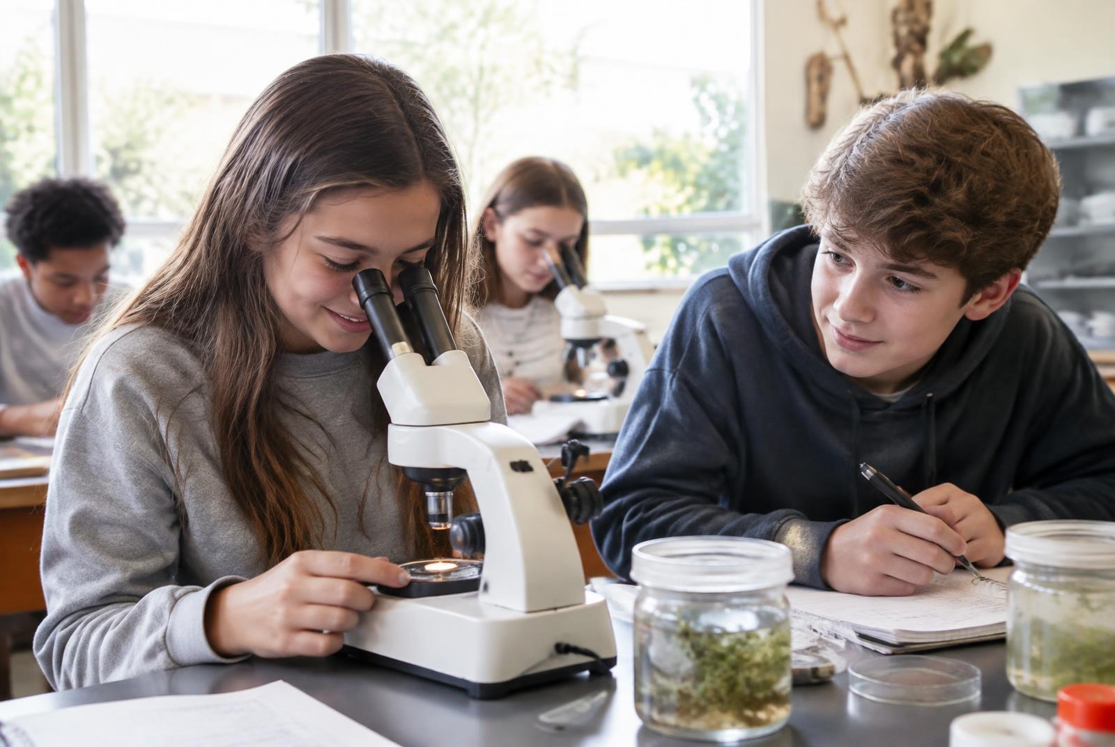 Middle school students using microscopes and water sample jars in a bright classroom