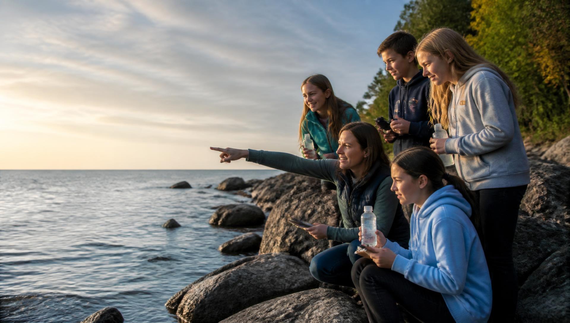A teacher and her students on a Great Lakes shoreline with water sampling bottles and a field notebook
