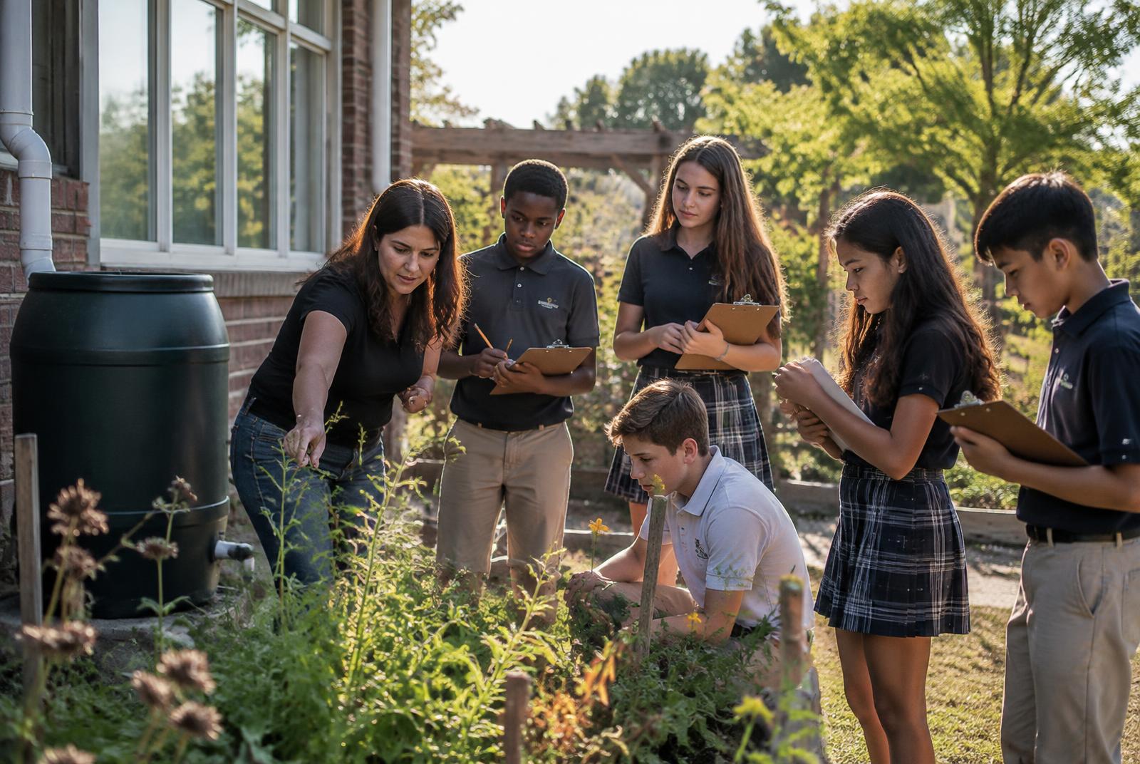A teacher and students studying a native plant garden and rain barrel in an outdoor classroom