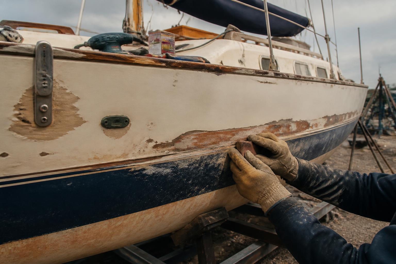 Hands in work gloves sanding the hull of an older sailboat on a cradle in a boatyard