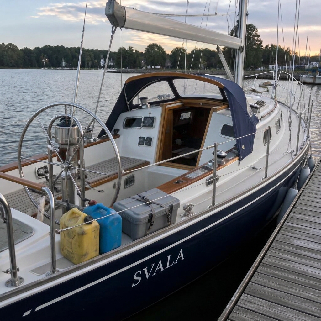 Illustration of Svala restored — stern view at a Great Lakes dock with the name Svala on the transom