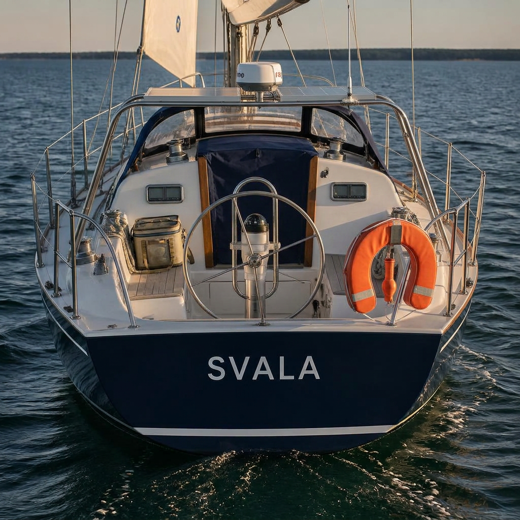 Illustration of Svala restored — a blue-hulled 30-foot sloop under way on a Great Lakes bay